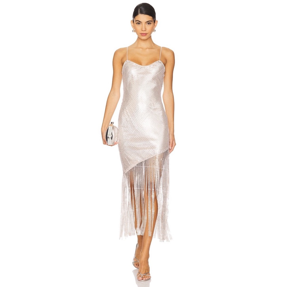 NWT Saylor Lillie Sequin‎ Mesh Fringe Midi Dress in Platinum